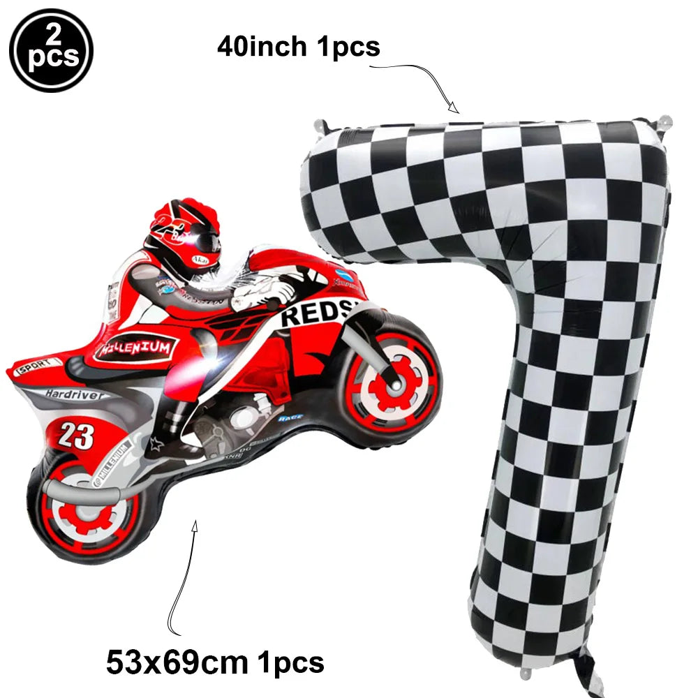 2Pcs Motorcycle Balloon Dirt Bike Foil Balloon Black and White Checkered Number Ballons Motorbike Birthday Racing Party Supplies