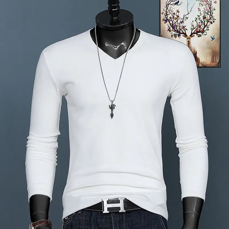 Harajuku Fashion 2023 New Men's V-neck T-shirt Crossfit Pure Color Slim Long Sleeve Tee Classic Oversized Oversized T Shirt
