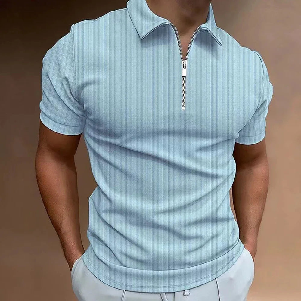 Men Striped Golf Shirt with Quarter Zipper Lapel Casual Holiday Short Sleeved T-shirt Fashionable Basic Style Regular Fit Shirt