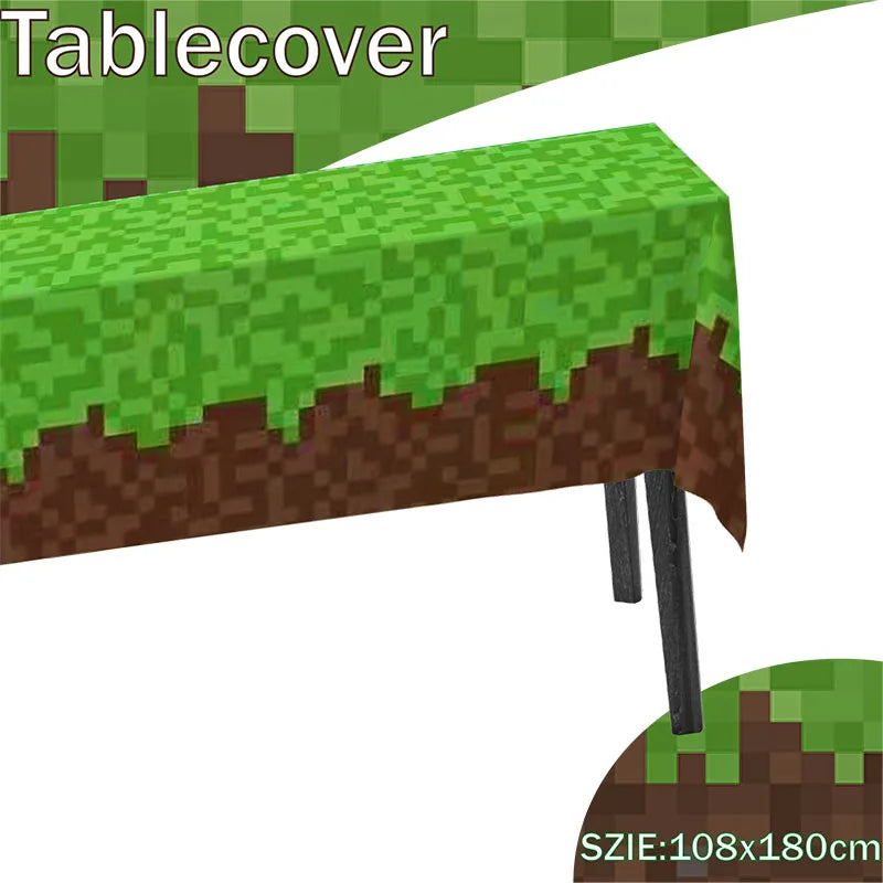Pixel Miner Style Birthday Party Grass Tablecloth Gamer Birthday Decorations, Mining Craft Party Supplies Pixel Miner Party