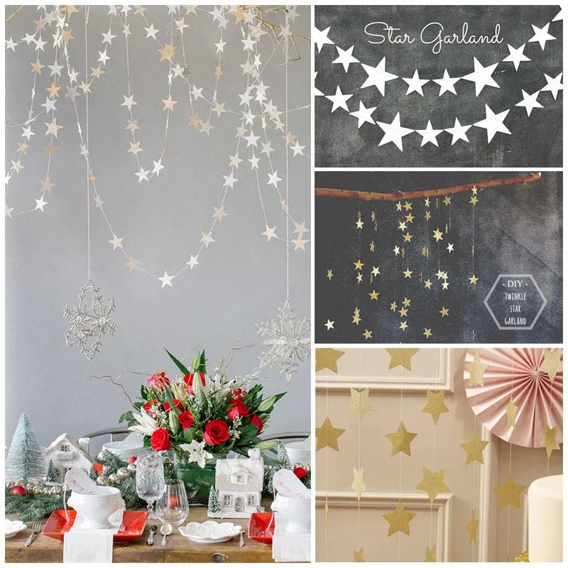 4M Bright Gold Silver Paper Garland Star String Banners Wedding Banner For Party Home Wall Hanging Decoration Baby Shower Favors