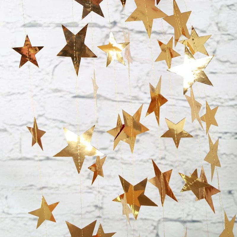 4M Bright Gold Silver Paper Garland Star String Banners Wedding Banner For Party Home Wall Hanging Decoration Baby Shower Favors