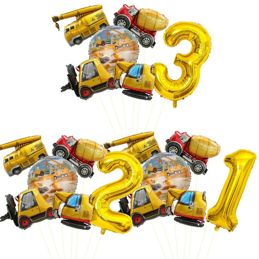 6pcs Mini Carton Vehicle Balloon with 32inch Gold Number Balloon Set for Boy's Construction Car Theme Birthday Party Decorations