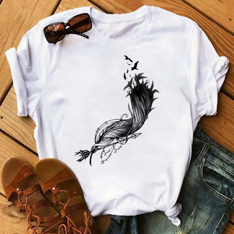 Women's Simple T-shirt Half Sleeve Colorful Flower Butterfly Art Feather Print Short Sleeve T-shirt Tops  Oversized T Shirt