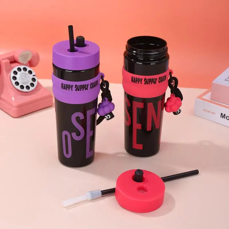 900ML Large Capacity Vacuum Insulated Bottle with Straw Stainless Steel Thermal Water Bottle Leak-proof Portable Outdoor Sports