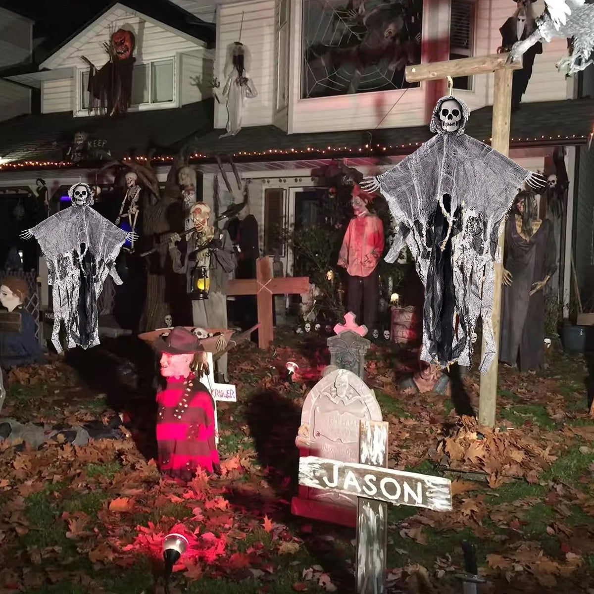 Halloween Hanging Ghost Decoration Skeleton Skull Ghost Creepy Gauze Hanging Ornament Haunted House Party Yard Outdoor Decor