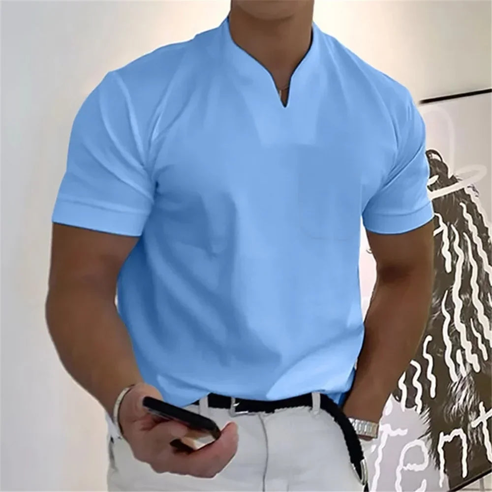 2026 Summer New Men Fashion Trend T-shirt Short Sleeve V-neck Top Elastic Cotton Fitness Sports Loose Large Size Clothing