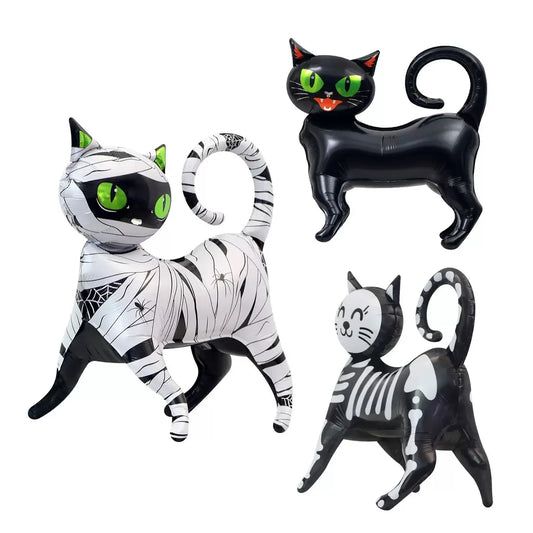 Halloween party decoration with black cat, aluminum foil balloons, 4D standing cartoon, green eyed cat, binding cloth design, Gh