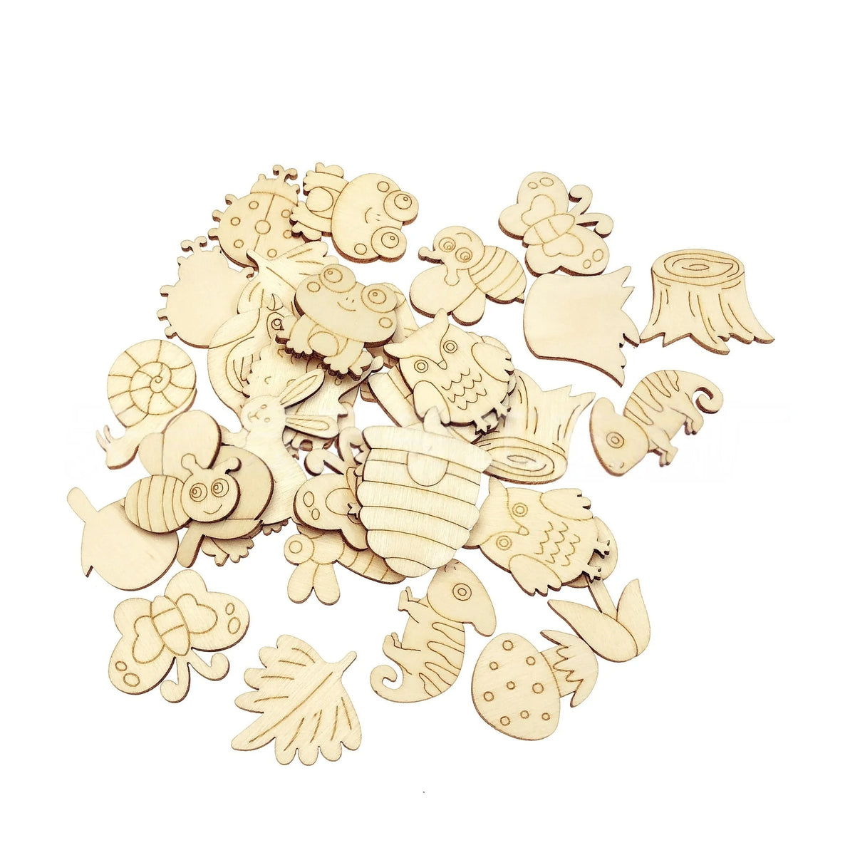 50Pcs Forest Animals Theme Unfinished Wood Craft Owl Rabbit Butterfly Lizard Mushroom Tree Trunk Shape Blank Wooden Cutout