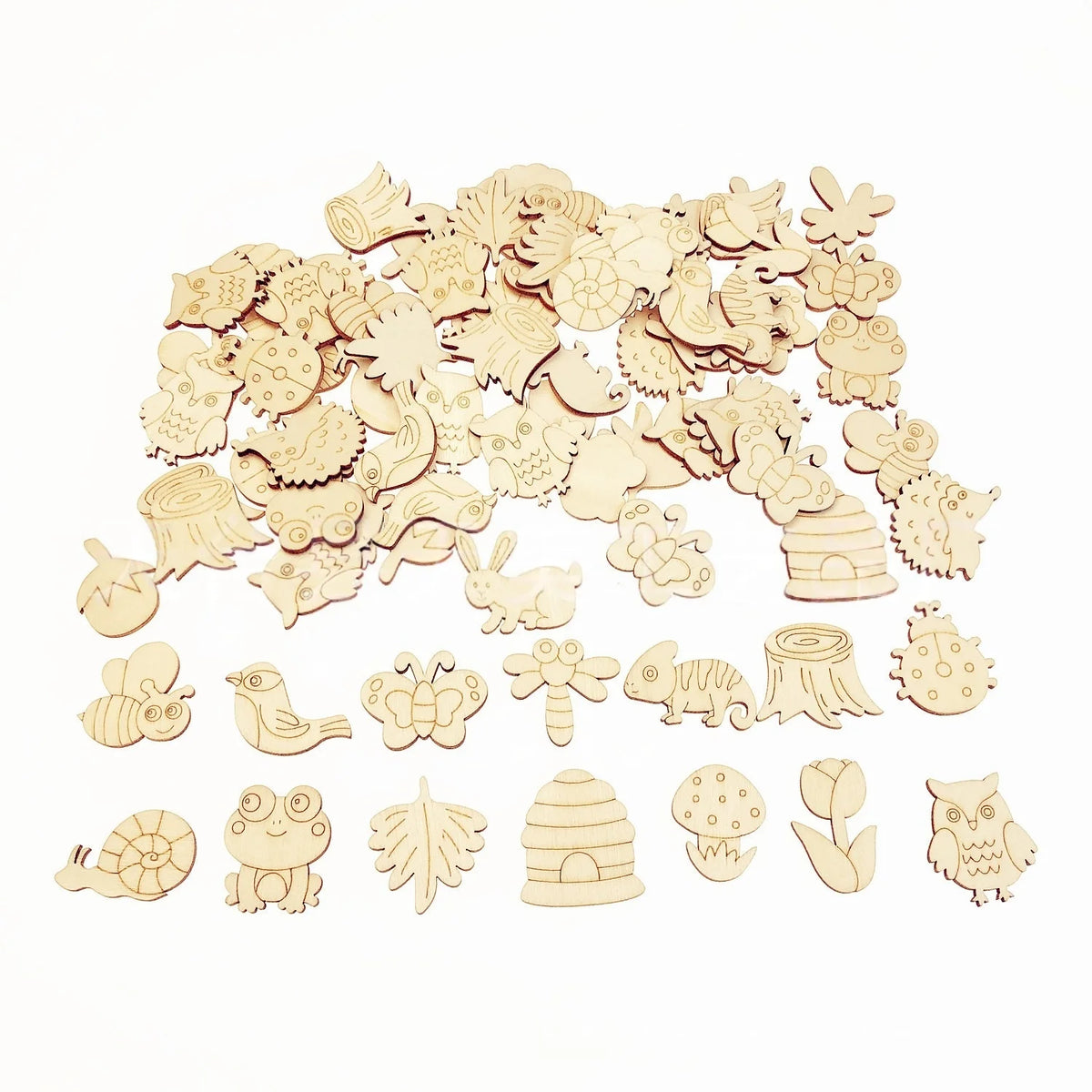 50Pcs Forest Animals Theme Unfinished Wood Craft Owl Rabbit Butterfly Lizard Mushroom Tree Trunk Shape Blank Wooden Cutout