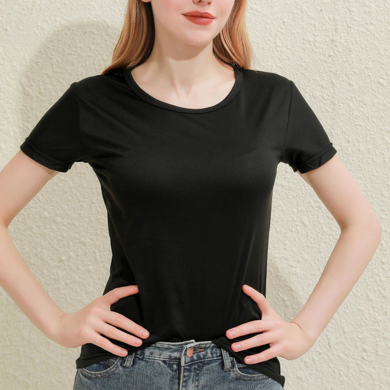 2025 Short T-Shirts Summer Women's Short Sleeve Round Neck Casual Blouse Shirts Solid Color Tops  Black / White