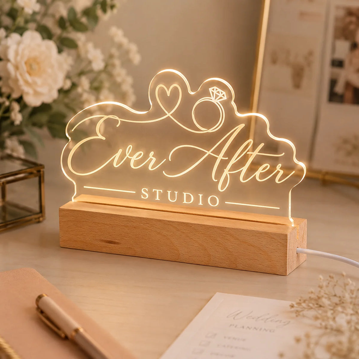 Custom Acrylic Business Logo Sign Personalized Brand QR Plaque Light Lamp Corporate Gifts Wood Social Media Table Decor Sign