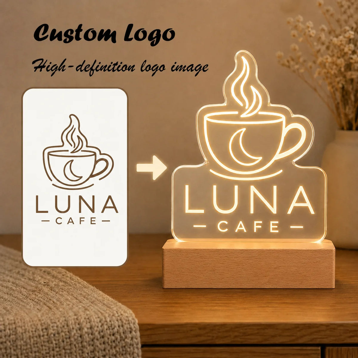 Custom Acrylic Business Logo Sign Personalized Brand QR Plaque Light Lamp Corporate Gifts Wood Social Media Table Decor Sign