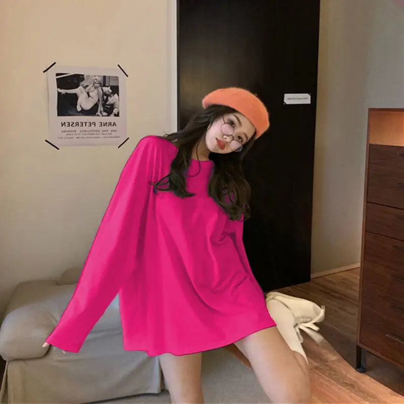 100%cotton Summer Tee T Shirt Women Kawaii T-Shirts Women 2025 Autumn Solid Simple Oversized Tshirt White Long Sleeve Tops