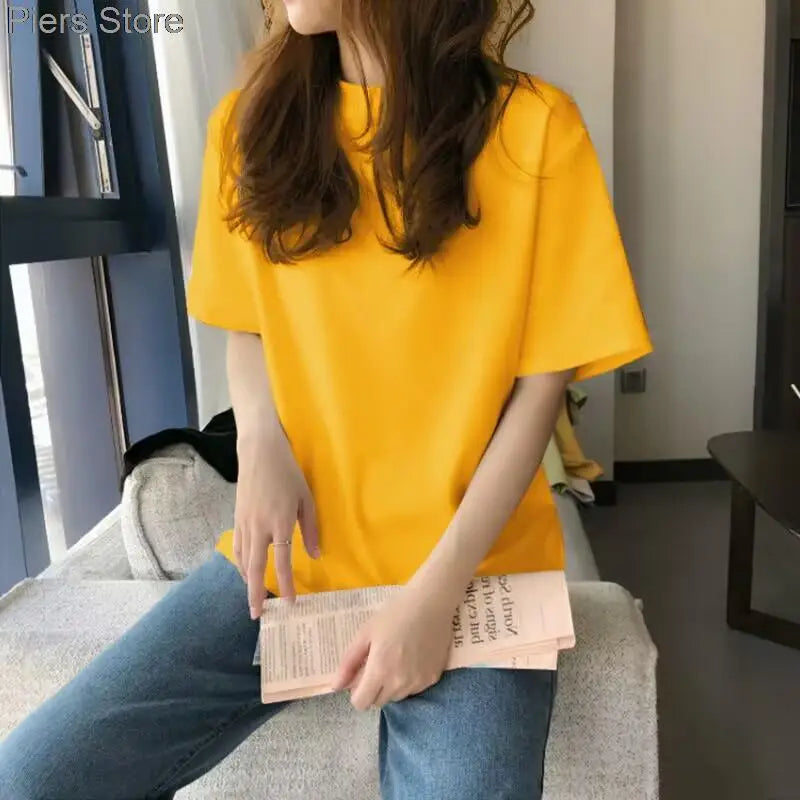 100%cotton Summer Tee T Shirt Women Kawaii T-Shirts Women 2025 Autumn Solid Simple Oversized Tshirt White Long Sleeve Tops