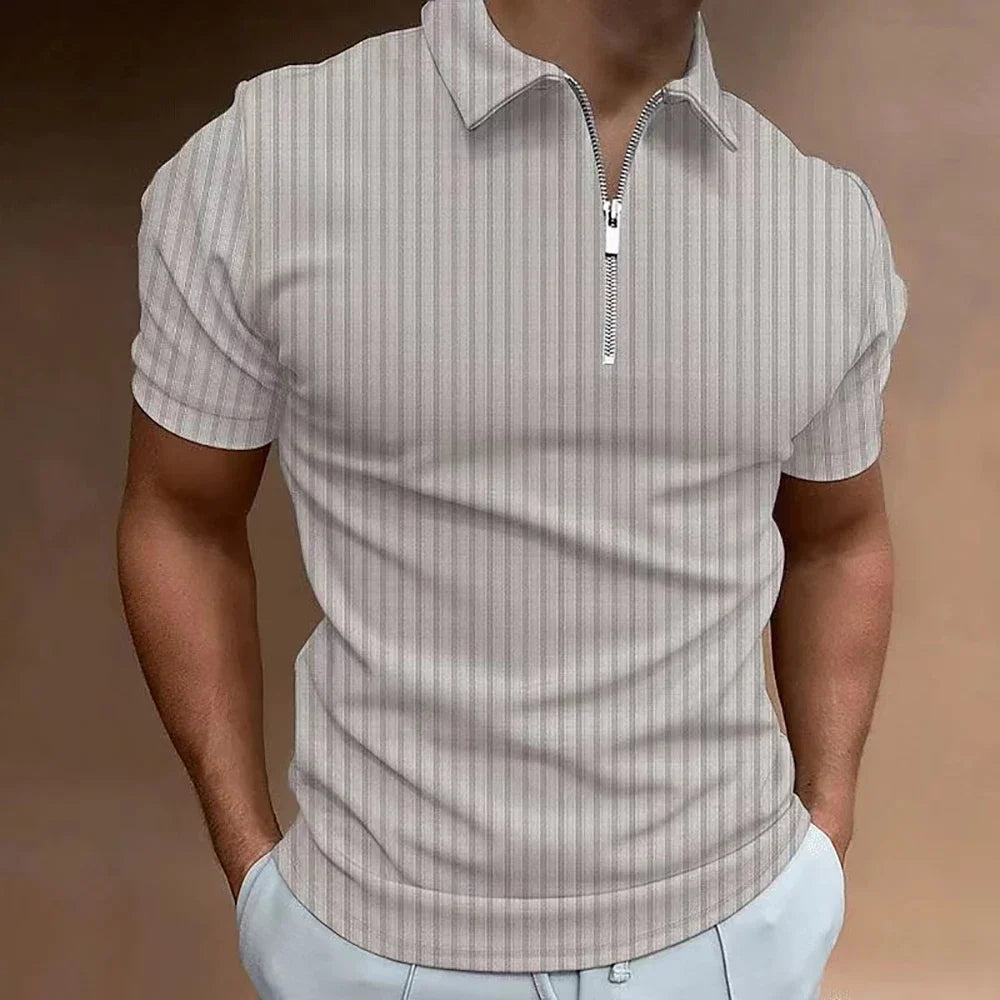 Men Striped Golf Shirt with Quarter Zipper Lapel Casual Holiday Short Sleeved T-shirt Fashionable Basic Style Regular Fit Shirt