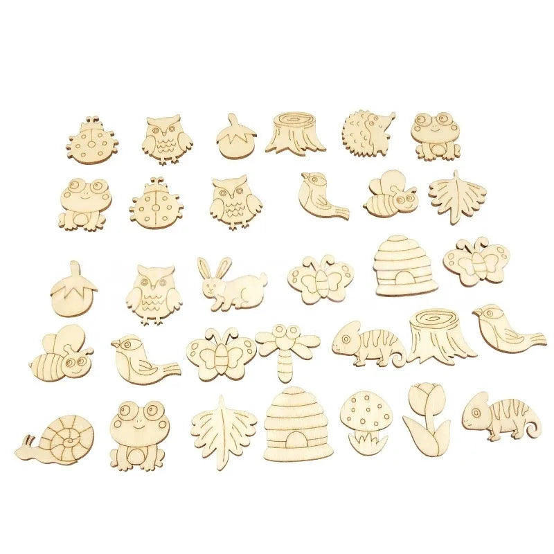 50Pcs Forest Animals Theme Unfinished Wood Craft Owl Rabbit Butterfly Lizard Mushroom Tree Trunk Shape Blank Wooden Cutout
