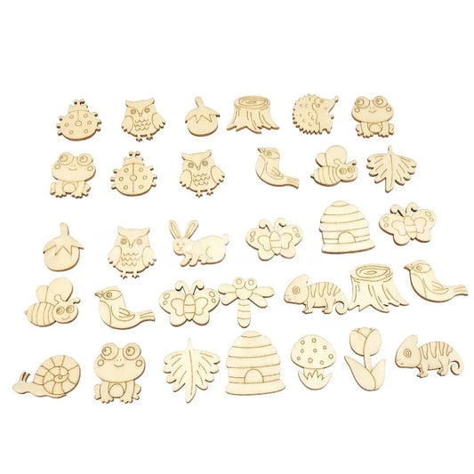 50Pcs Forest Animals Theme Unfinished Wood Craft Owl Rabbit Butterfly Lizard Mushroom Tree Trunk Shape Blank Wooden Cutout