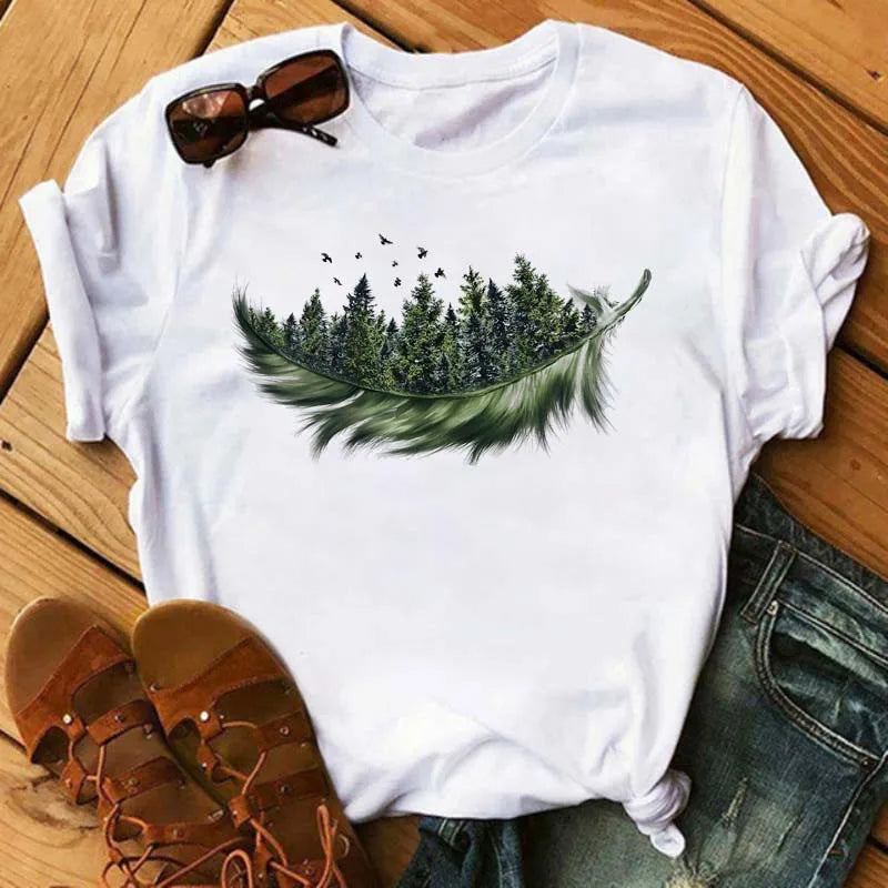 Women's Simple T-shirt Half Sleeve Colorful Flower Butterfly Art Feather Print Short Sleeve T-shirt Tops  Oversized T Shirt