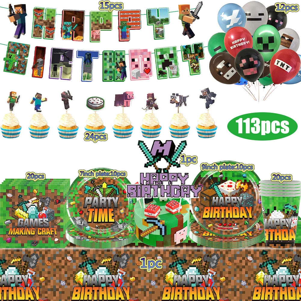 Kids Birthday Decoration Disposable Tableware Game Theme Cups Plates Balloons Baby Shower Birthday Party Supplies Gift Toy