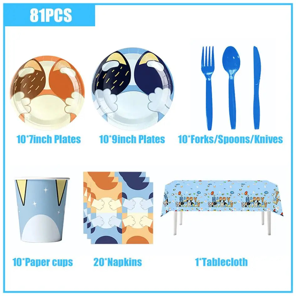New Cartoon Dogs Birthday Party Decoration Full Set Kit Blue Dog Happy Birthday Plates Napkins Cups Tableware Supplies Kid Favor