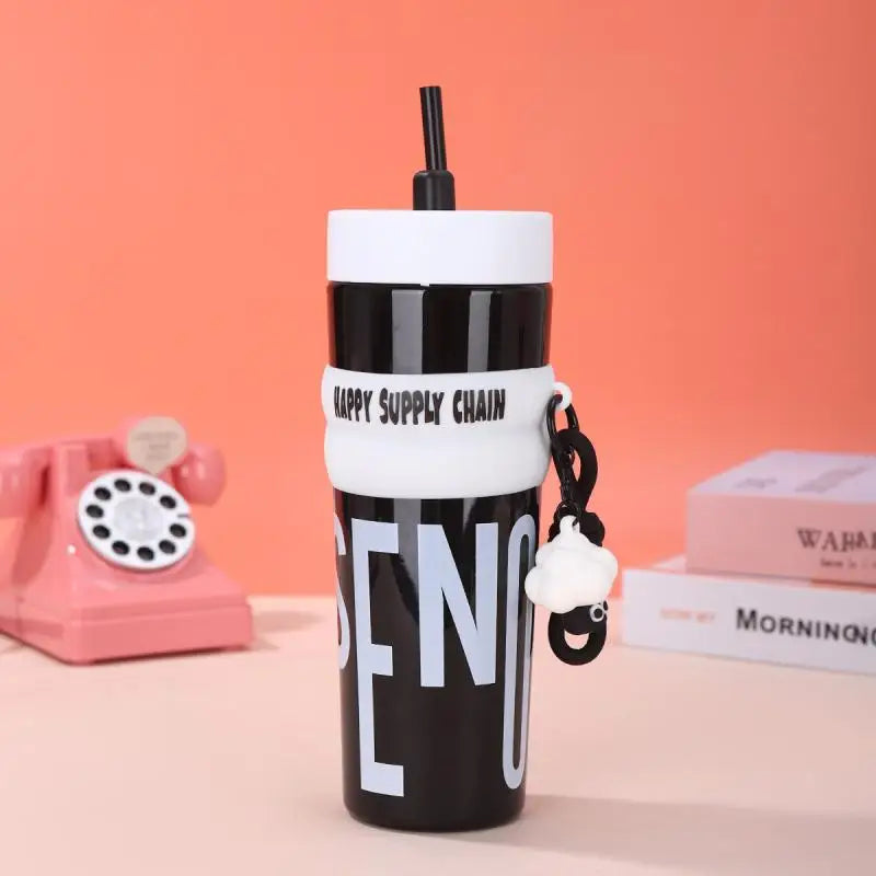 900ML Large Capacity Vacuum Insulated Bottle with Straw Stainless Steel Thermal Water Bottle Leak-proof Portable Outdoor Sports