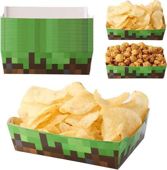 24pcs Pixel Party Food Trays, Pixel Miner Theme Food Serving Trays Boats Paper Snack Supplies Perfect Party Favors Decorations