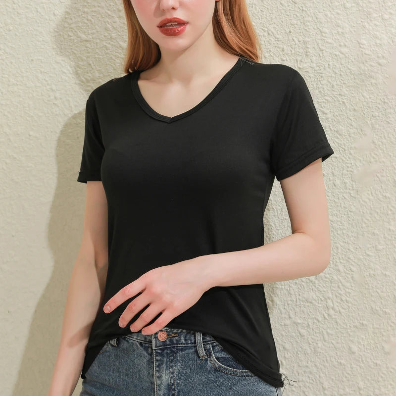 2025 Short T-Shirts Summer Women's Short Sleeve Round Neck Casual Blouse Shirts Solid Color Tops  Black / White