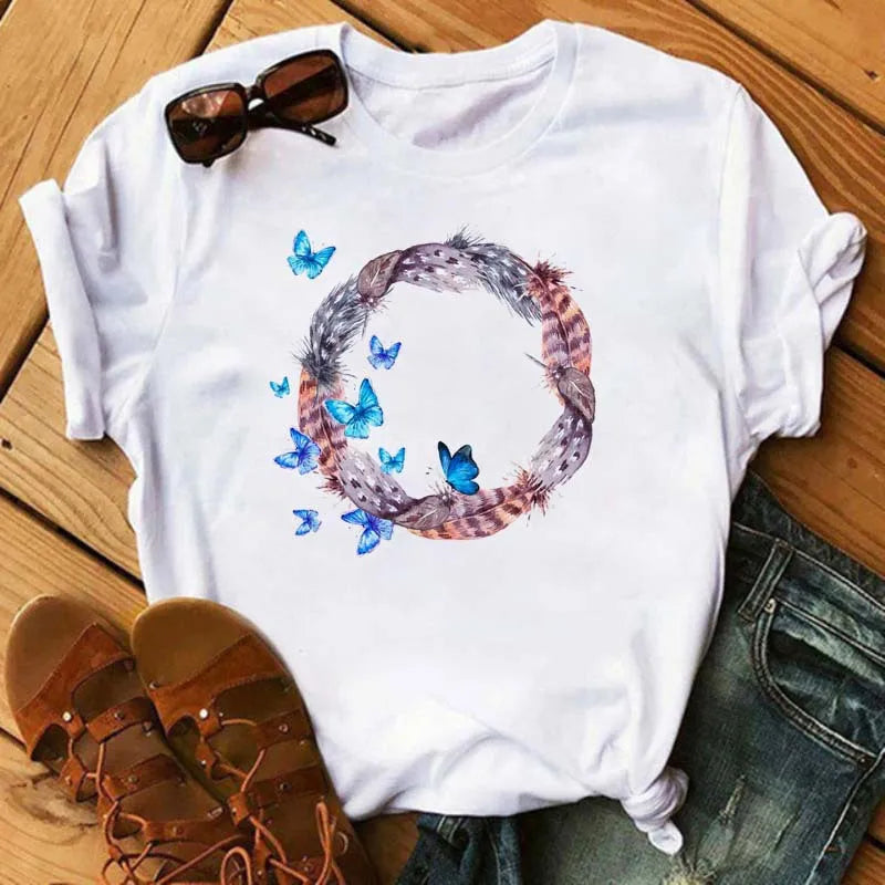 Women's Simple T-shirt Half Sleeve Colorful Flower Butterfly Art Feather Print Short Sleeve T-shirt Tops  Oversized T Shirt