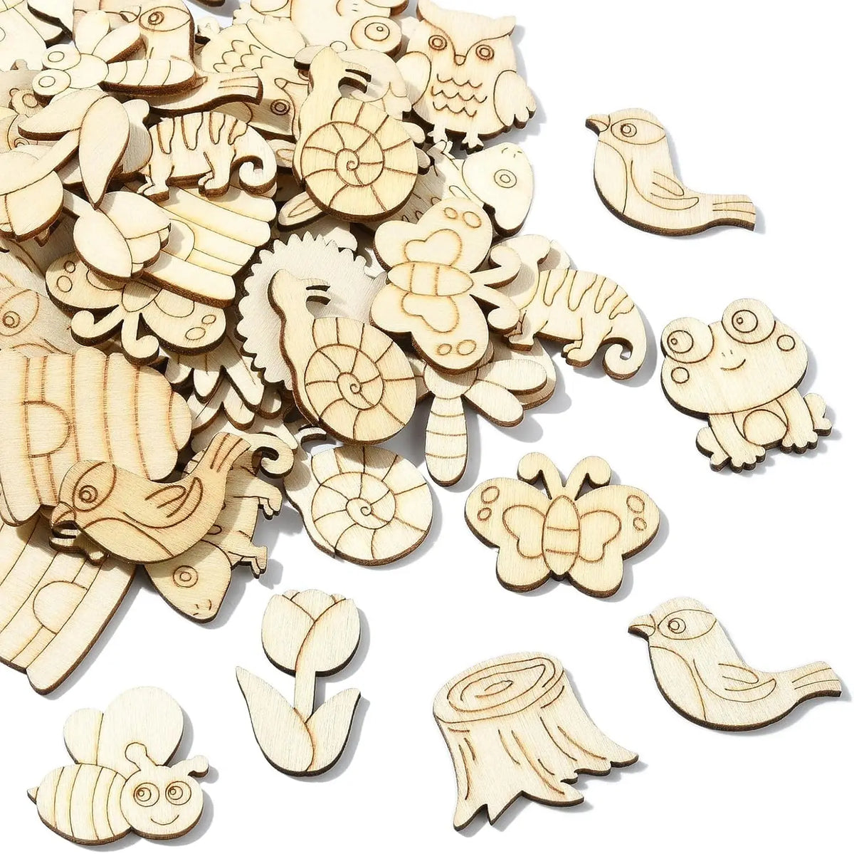 50Pcs Forest Animals Theme Unfinished Wood Craft Owl Rabbit Butterfly Lizard Mushroom Tree Trunk Shape Blank Wooden Cutout
