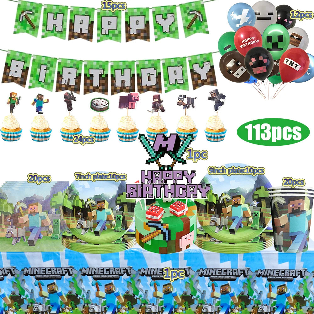 Kids Birthday Decoration Disposable Tableware Game Theme Cups Plates Balloons Baby Shower Birthday Party Supplies Gift Toy
