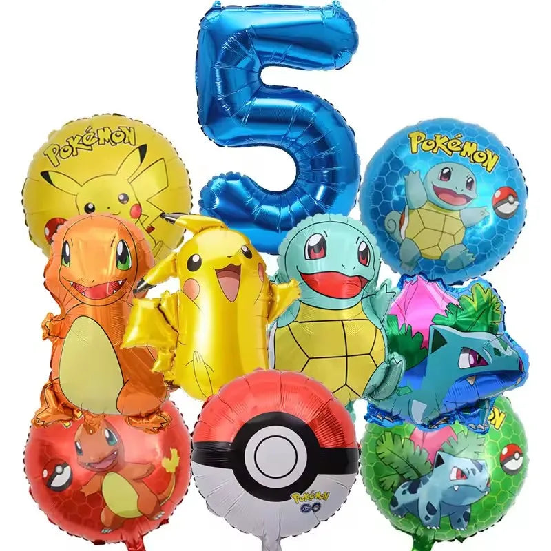 10pcs Pokemon Balloons set Pikachu Pokemon Ball Balloons 32inch Blue Number Balloon for Kids 1-9th Birthday Party Decoration