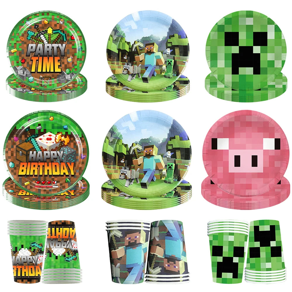 Kids Birthday Decoration Disposable Tableware Game Theme Cups Plates Balloons Baby Shower Birthday Party Supplies Gift Toy