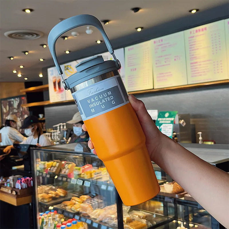 30oz Thermal Cup Stainless Steel Water Bottle with Straw Leakproof Car Tumbler Vacuum Insulated Flask for Outdoor Sports Gym