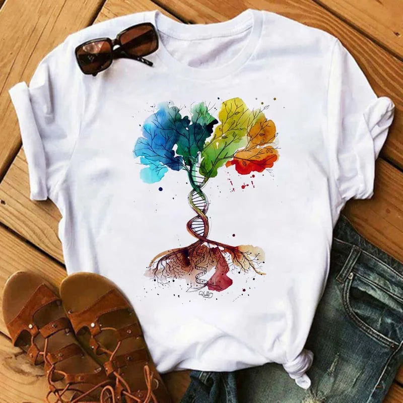 Women's Simple T-shirt Half Sleeve Colorful Flower Butterfly Art Feather Print Short Sleeve T-shirt Tops  Oversized T Shirt