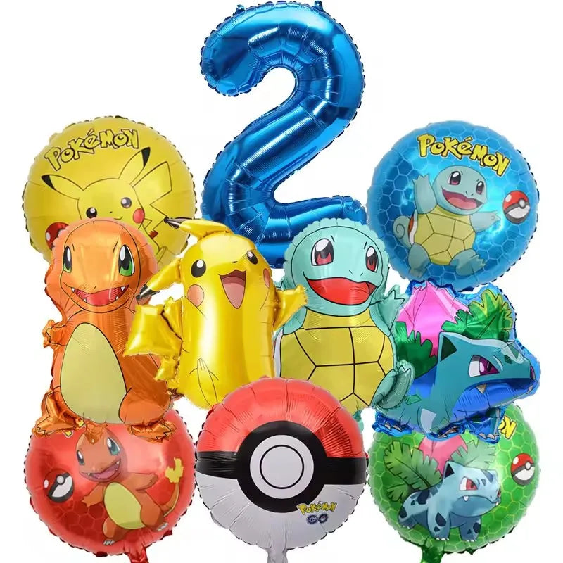 10pcs Pokemon Balloons set Pikachu Pokemon Ball Balloons 32inch Blue Number Balloon for Kids 1-9th Birthday Party Decoration