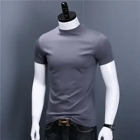 Men's Casual Turtleneck T-Shirts Short Sleeve Solid Slim Fit Silk High Neck Tops Inner Wear Trendy Round Neck Base Layer Shirt