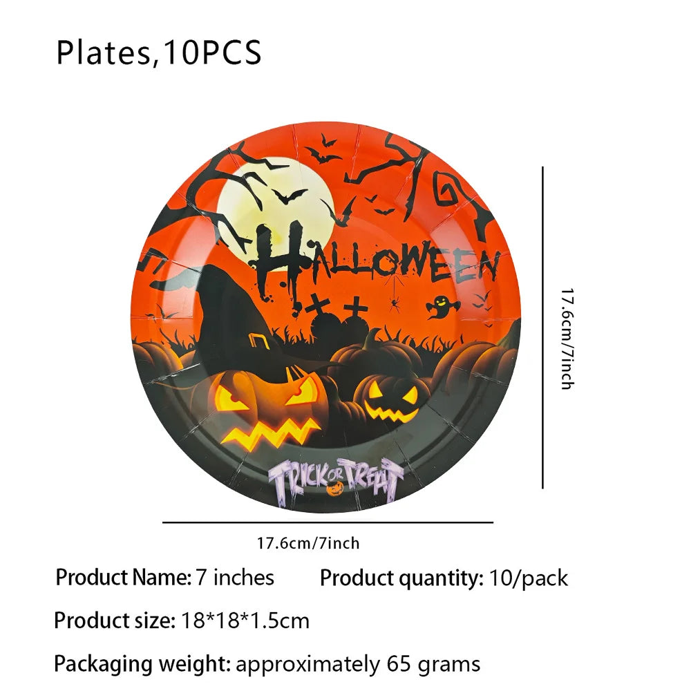 Halloween Theme Disposable Tableware Paper Plates Cups Napkins  Pumpkin Castle Ghost Halloween Party Decor Dinner Table Supplies