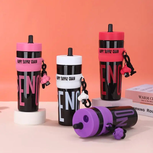 900ML Large Capacity Vacuum Insulated Bottle with Straw Stainless Steel Thermal Water Bottle Leak-proof Portable Outdoor Sports