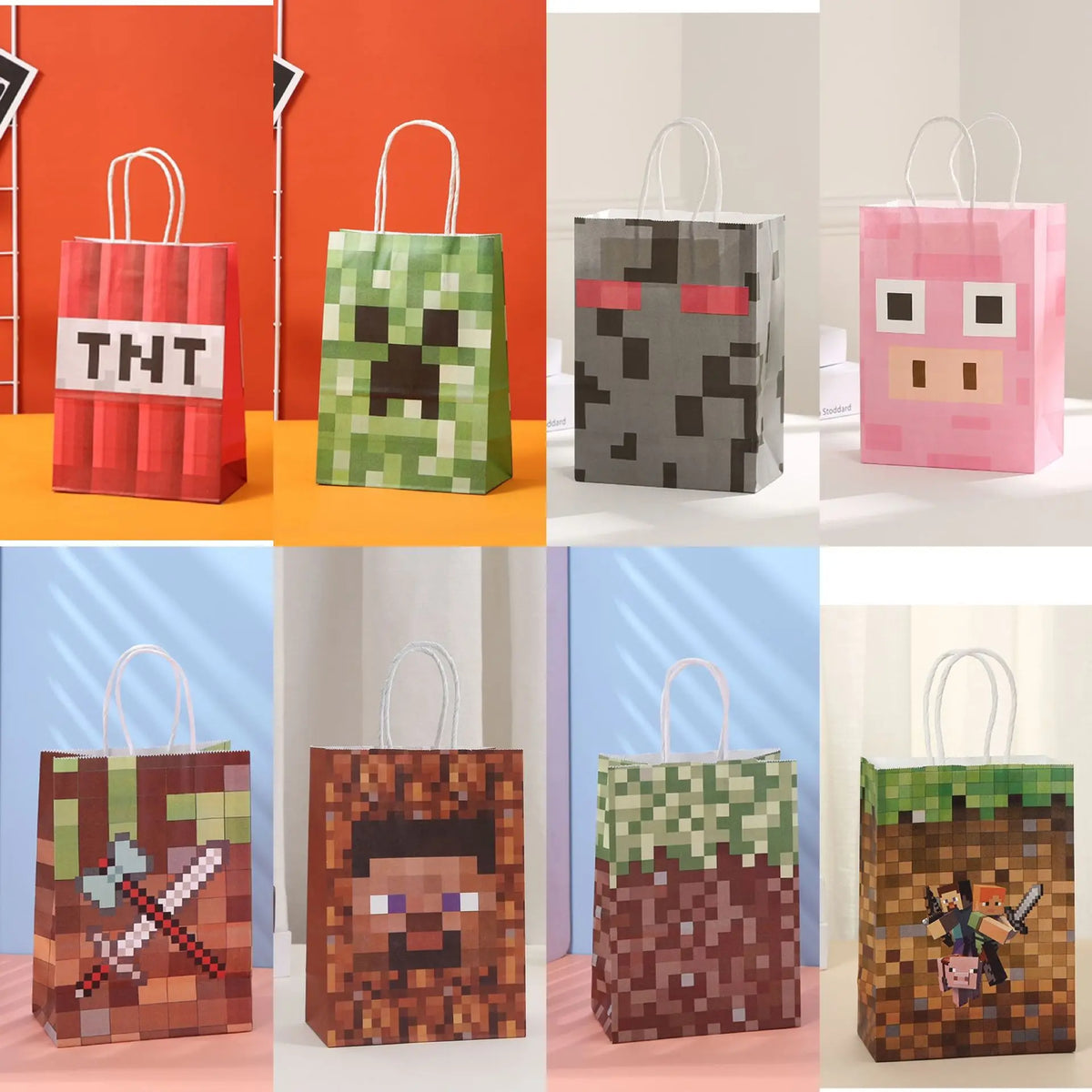 NEW Minecraft Themed Steve Creeper Lawn Handles Kraft Paper Gift Bags Birthday Party Goodie Treat Bags Pixel Game Party Supplies