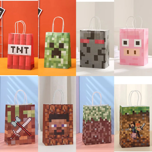 NEW Minecraft Themed Steve Creeper Lawn Handles Kraft Paper Gift Bags Birthday Party Goodie Treat Bags Pixel Game Party Supplies