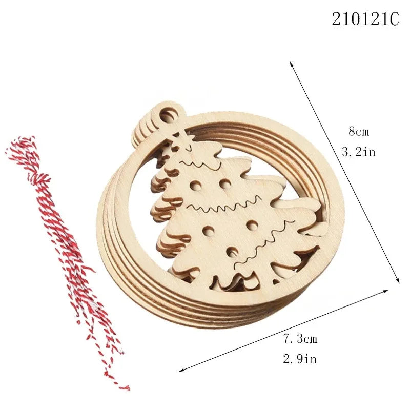 10 Wooden Christmas Ornaments for Year Decorations, Handmade Pendants for Party and Holiday Decoration