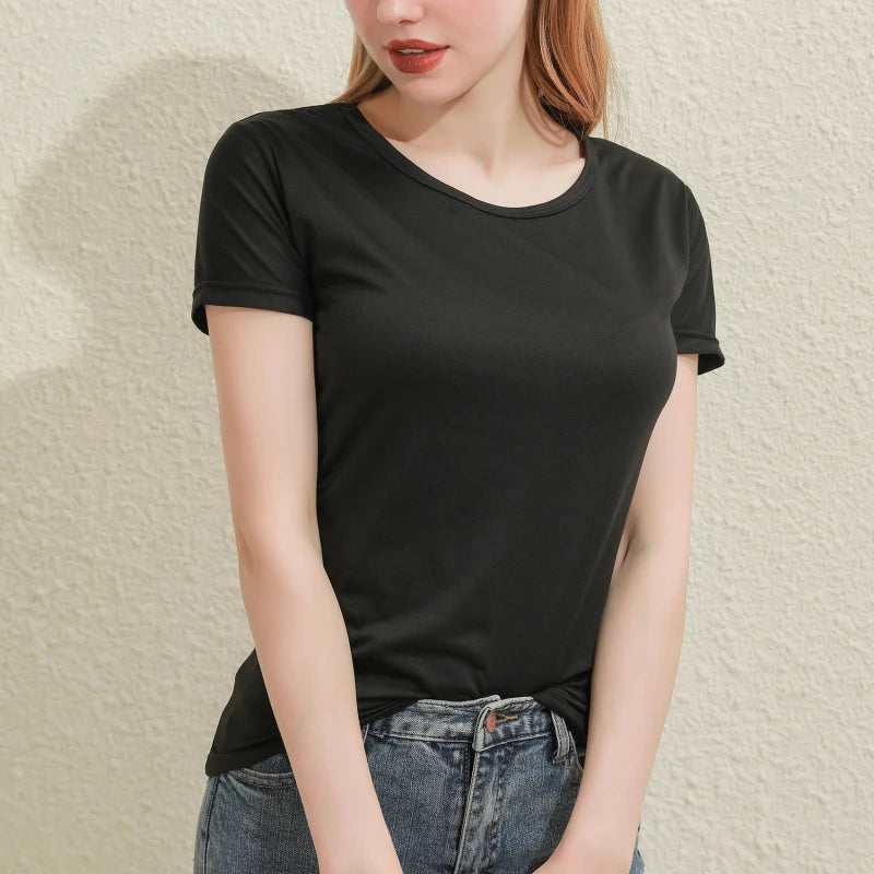2025 Short T-Shirts Summer Women's Short Sleeve Round Neck Casual Blouse Shirts Solid Color Tops  Black / White