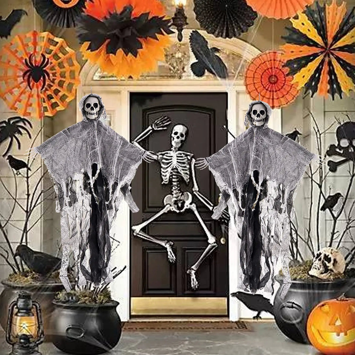 Halloween Hanging Ghost Decoration Skeleton Skull Ghost Creepy Gauze Hanging Ornament Haunted House Party Yard Outdoor Decor