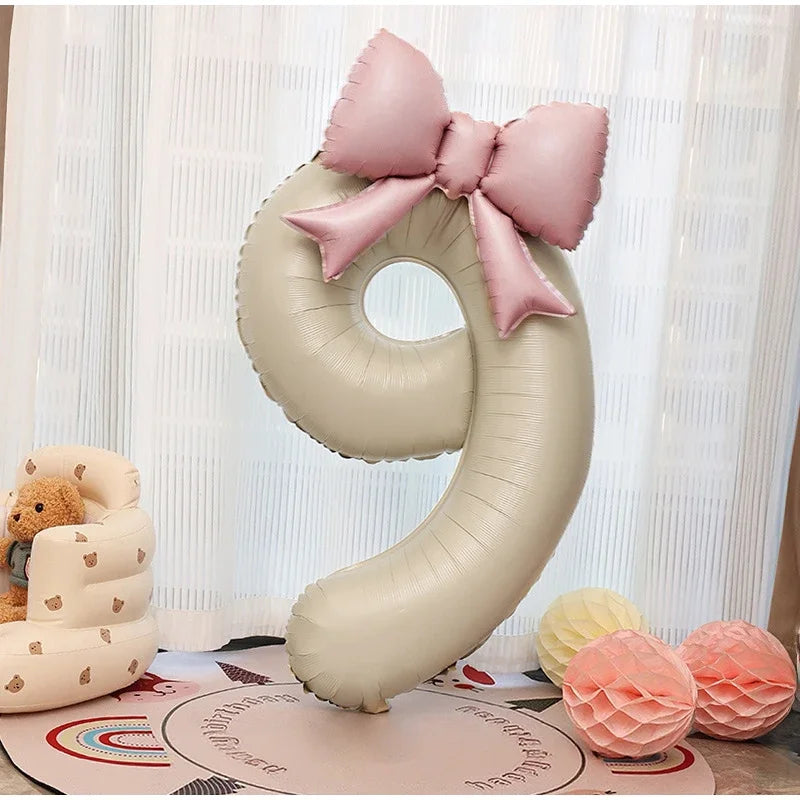 1pc Large Number Pink Foil Balloon With Bow 1 2 3 4 5 6 7 8 9 For Wedding Birthday Party Ballons Jumbo Number Balloon