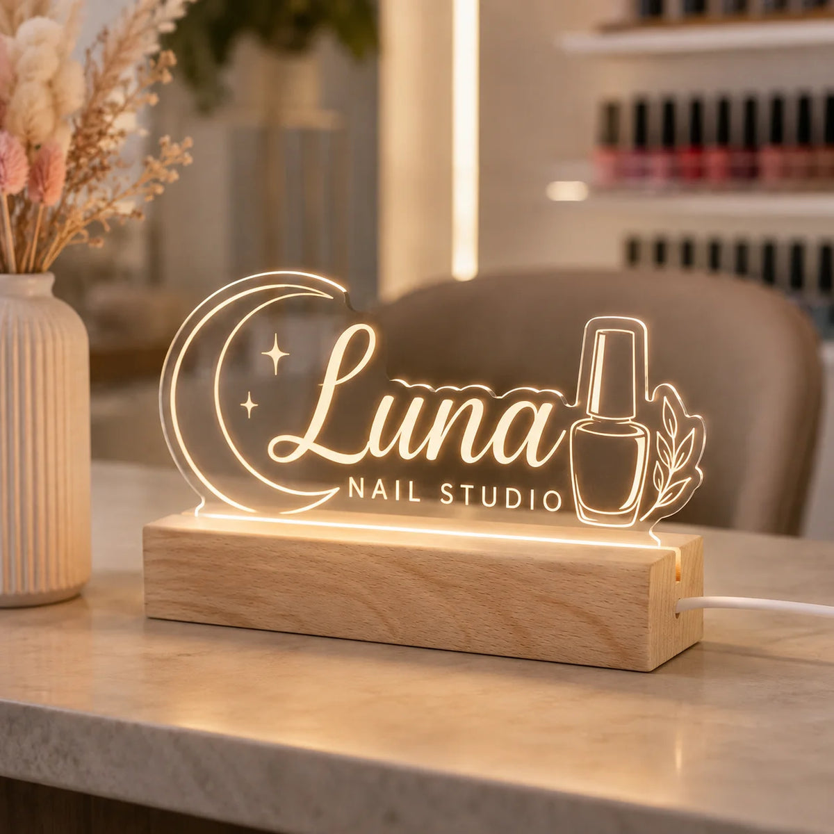 Custom Acrylic Business Logo Sign Personalized Brand QR Plaque Light Lamp Corporate Gifts Wood Social Media Table Decor Sign