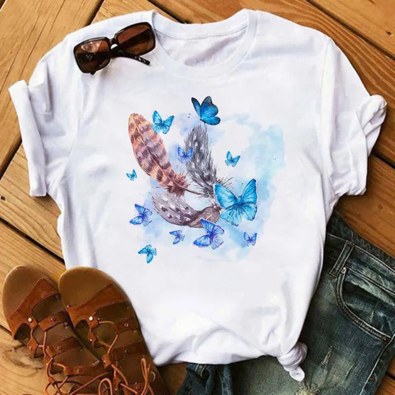 Women's Simple T-shirt Half Sleeve Colorful Flower Butterfly Art Feather Print Short Sleeve T-shirt Tops  Oversized T Shirt