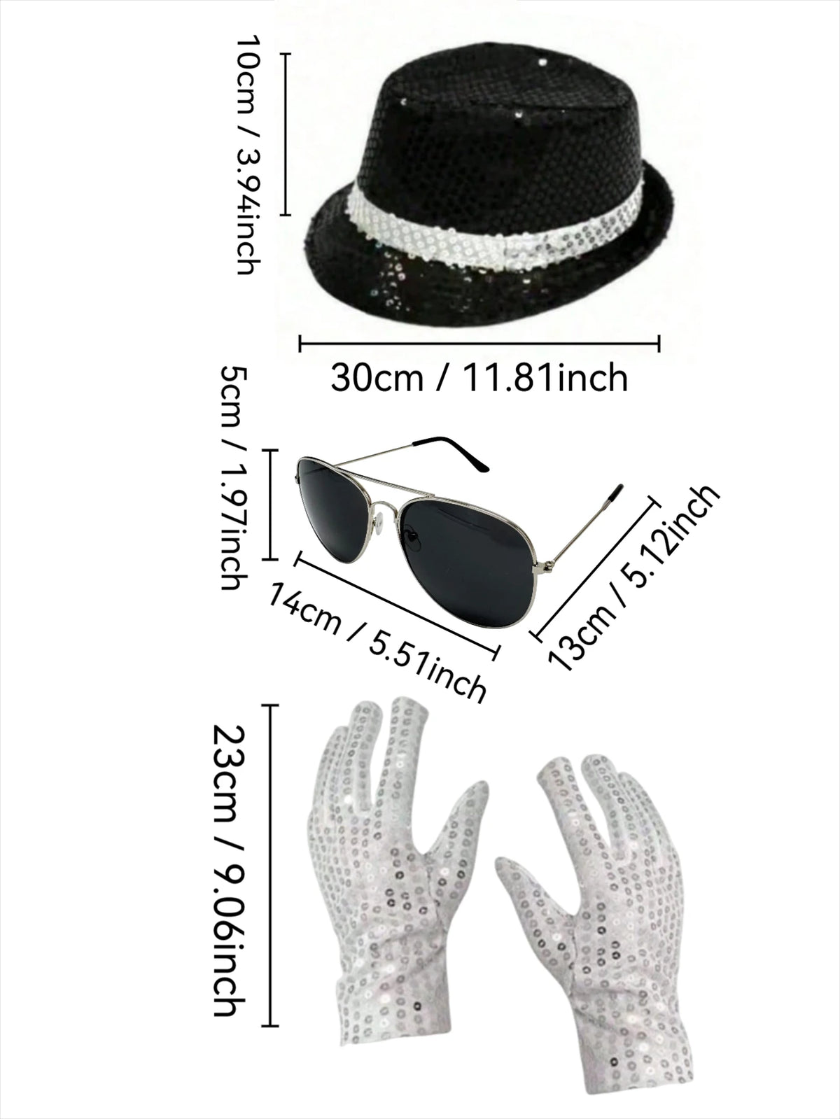 Michael Jackson Costume Accessories Set - Sequin Fedora Hat + Rhinestone Gloves + Aviator Sunglasses, Halloween Cosplay Party Dr