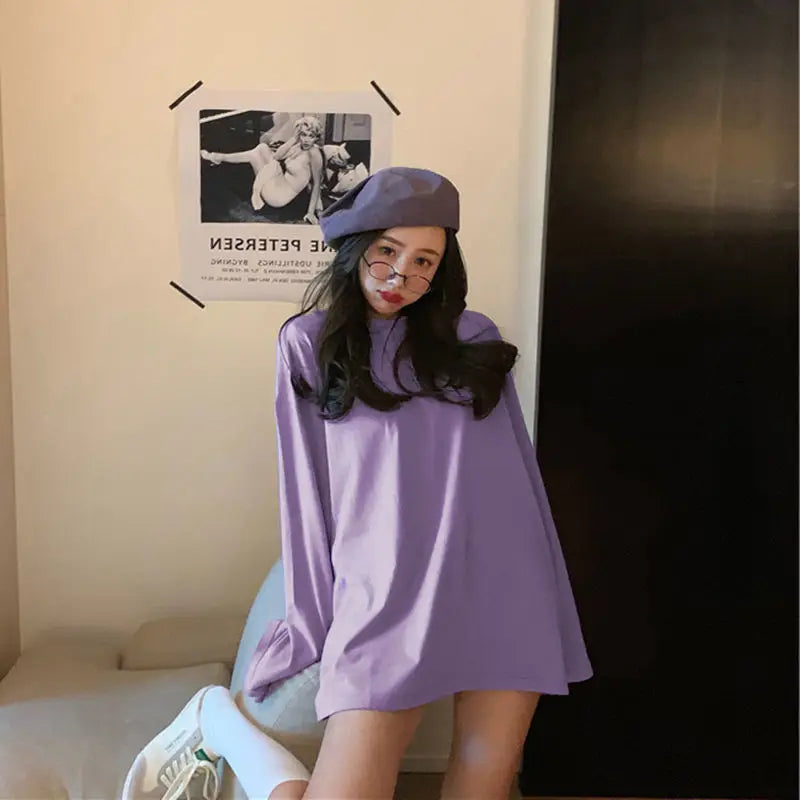 100%cotton Summer Tee T Shirt Women Kawaii T-Shirts Women 2025 Autumn Solid Simple Oversized Tshirt White Long Sleeve Tops