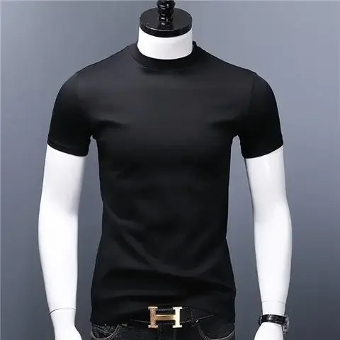 Men's Casual Turtleneck T-Shirts Short Sleeve Solid Slim Fit Silk High Neck Tops Inner Wear Trendy Round Neck Base Layer Shirt